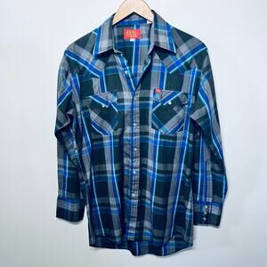 Ely Plains VTG Shirt Western Pearl Snap Blue Plaid Cattleman Rancher 15.5-32/33